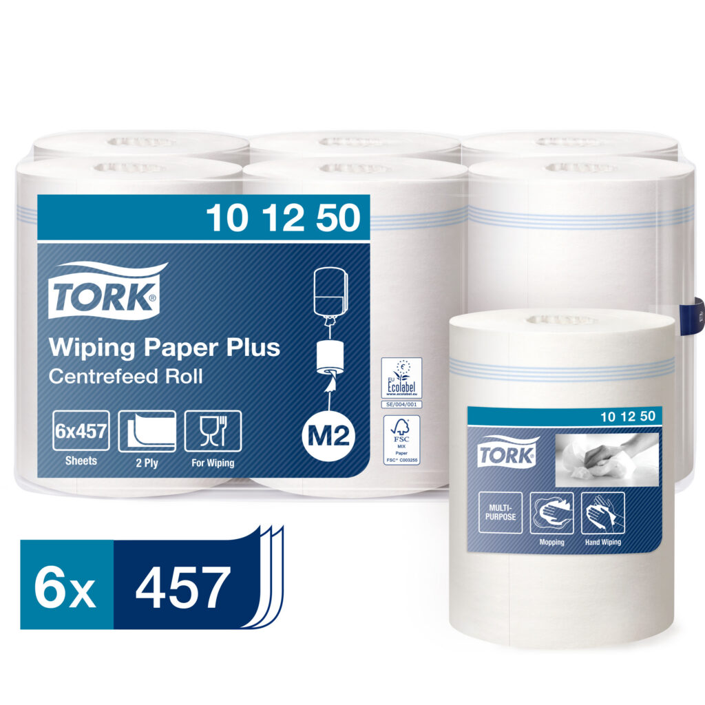 Tork Wiping Plus Centerfeed Poetspapier, 2-laags, wit, 160mtr/25cm, 457vel/rol, 6rol/doos
