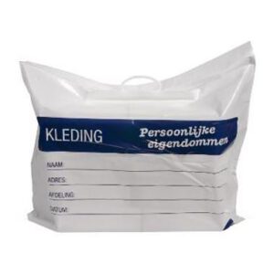 Draag/kleding tas plastic 63x50cm. wit beugelgreep cpl. met tekst